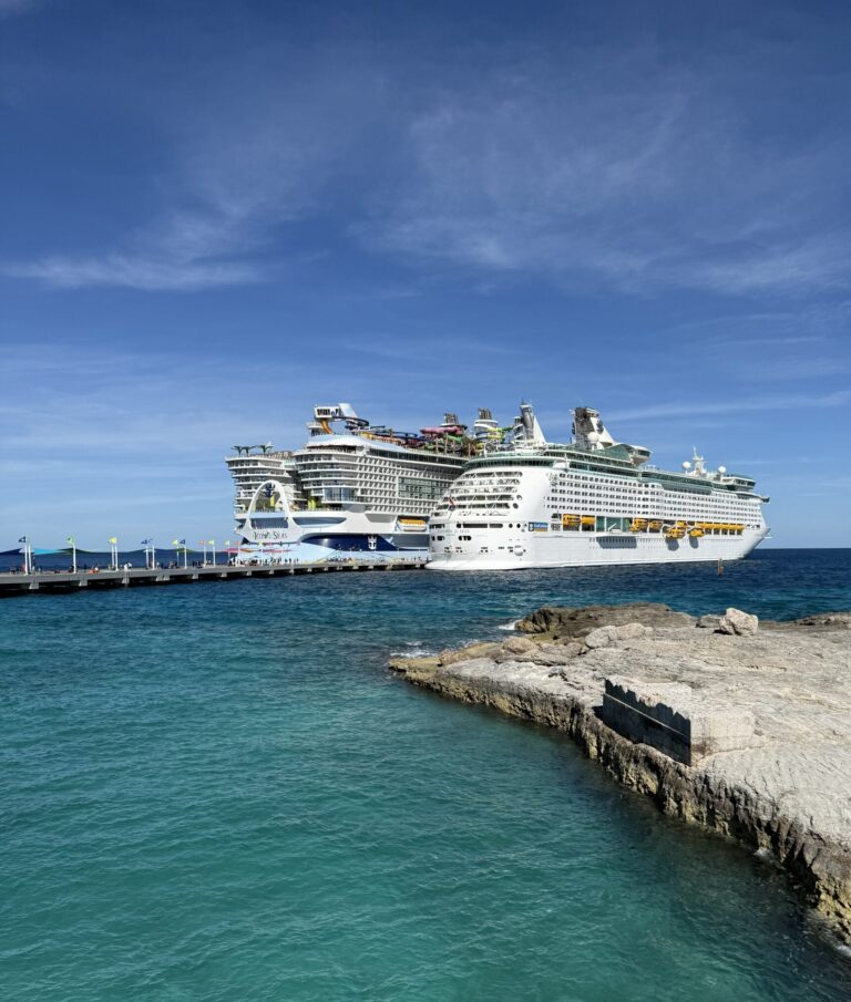 Contemporary cruises with large modern cruise ships in port